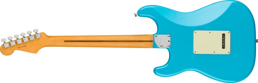 a blue and white electric guitar