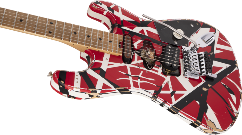 a red and white guitar