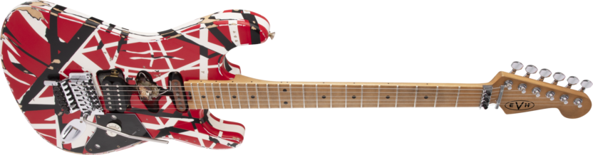 a guitar with a red and white background