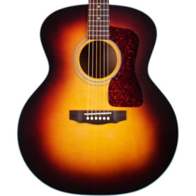a red guitar with a black neck