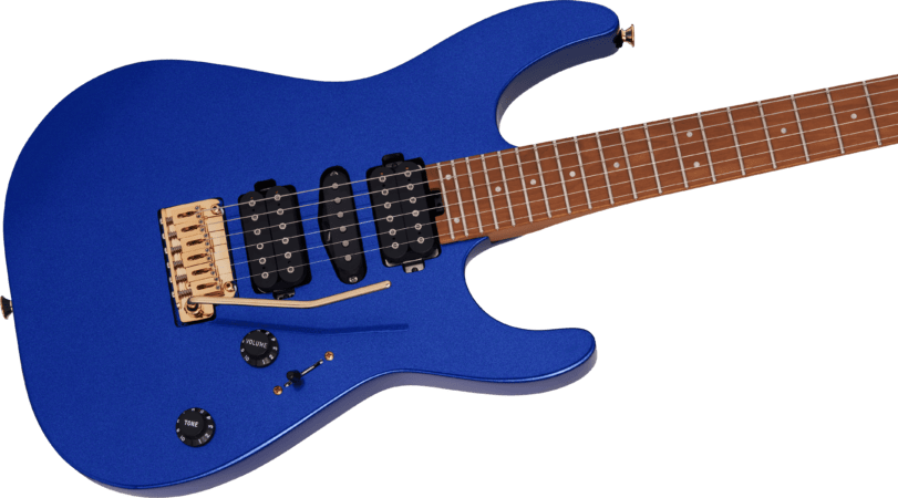 a guitar with a blue and yellow neck